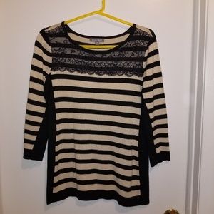 Roz & Ali Lace Striped Sweater 3/4 Sleeves Size M